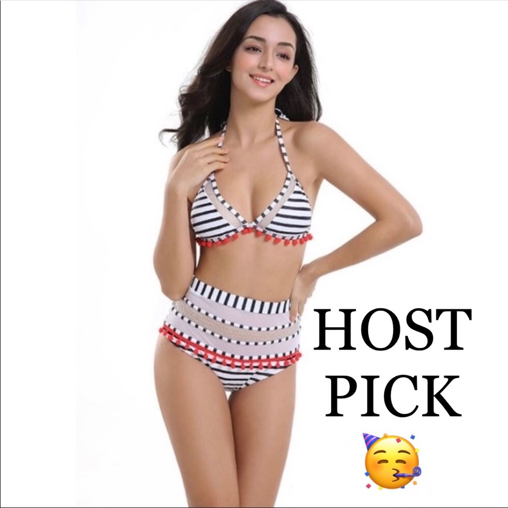 LAST ONE‼️ High Waisted Striped Red pompom Bikini SZ L - Picture 2 of 5